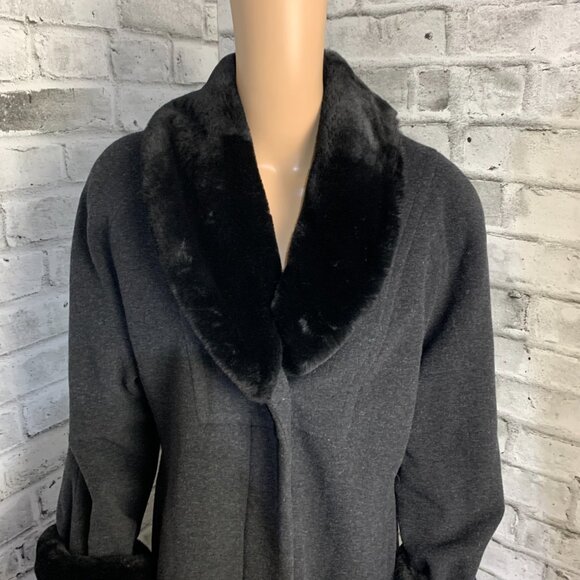 Vintage JNY Wool Cashmere Maxi Overcoat Coat 6 Black Faux Fur Trim Collar Cuffs - Picture 2 of 16